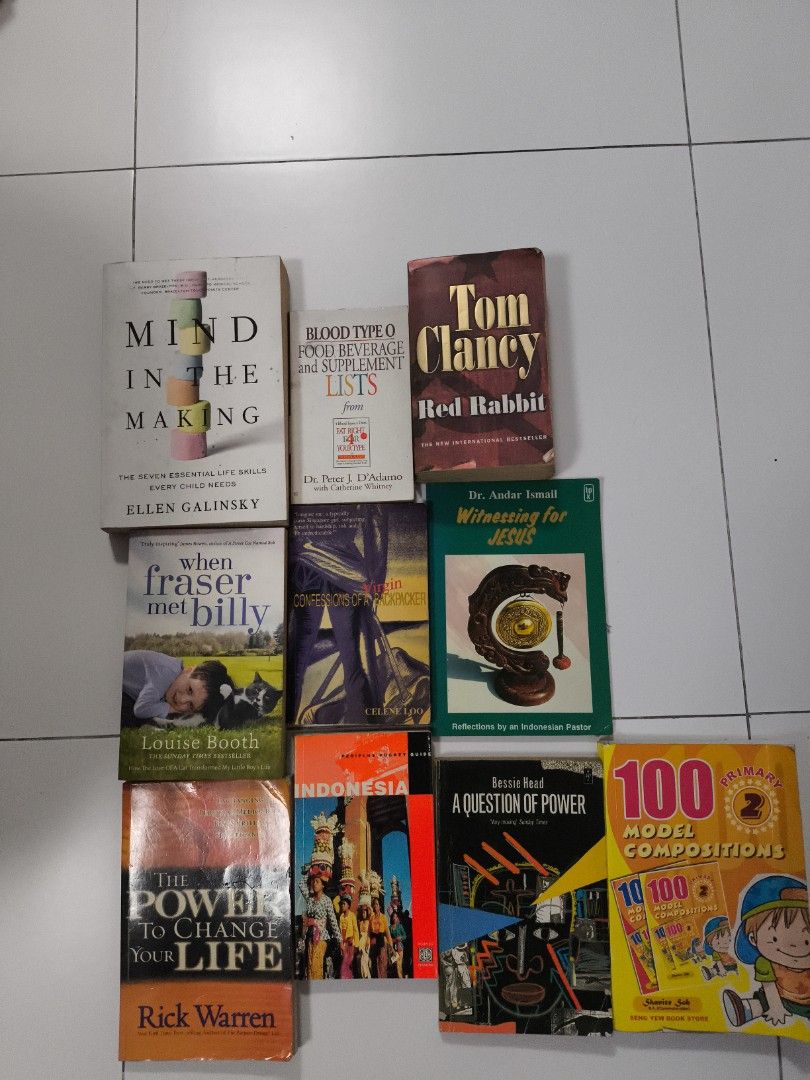 Assorted Books: Fiction, Self-Help, Children's & More (Category: Storybooks) located in Singapore. Submitted by joanzach (Listing ID 1457238700, Image 1). Description: - Bundle of books including: - Tom Clancy's Red Rabbit - Mind in the Making - Blood Type O Food, Beverage and Supplement Lists - When Fraser Met Billy - Confessions of a Backpacker - Witnessing for Jesus - The Power to Change Your Life - Indonesia travel guide - A Question of Power