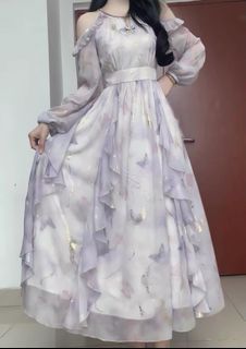 Purple Butterfly Chiffon Cold Shoulder Ruffle Maxi Dress
