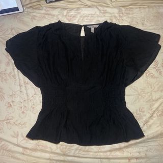 H&M Black Textured Flutter Sleeve Smocked Waist Top