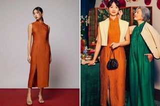 Love Bonito LB Crinkled Classic Midaxi Cheongsam in Rust