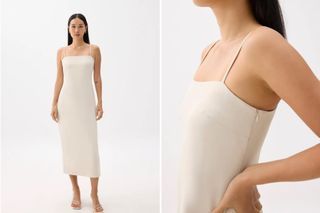 Love Bonito Straight Neck Slip Mid Dress Beige