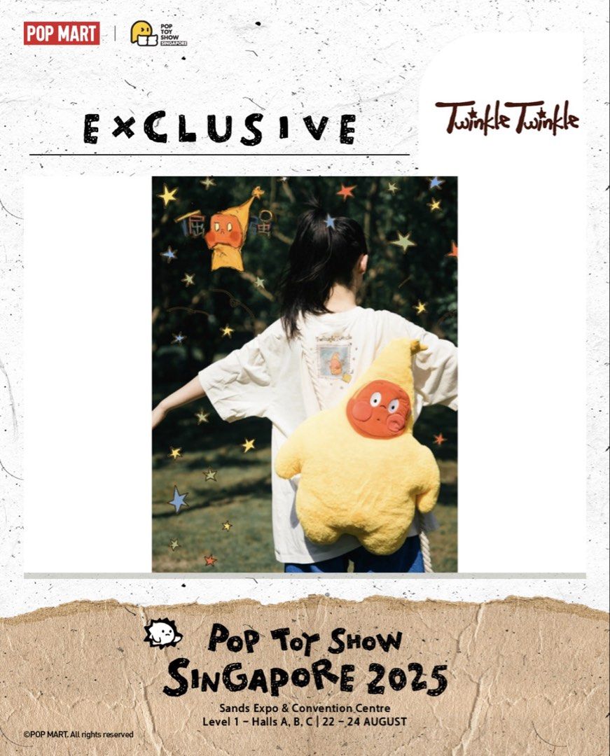 WTS BNIP Pop Toy Show Exclusive Twinkle Twinkle Plush Backpack (Category: Designer & Blind Box Toys) located in Singapore. Submitted by twinklextwinkle (Listing ID 1457434124, Image 1). Description: Brand new in sealed packaging Bought from Pop Toy Show 2026 (was available in PTS 2025 as well).