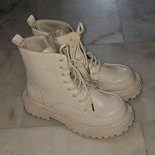 Cream Lace-up Chunky Sole Boots