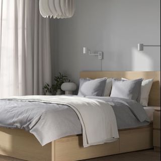 IKEA MALM Bed Frame with 2 Storage Boxes - White Stained Oak