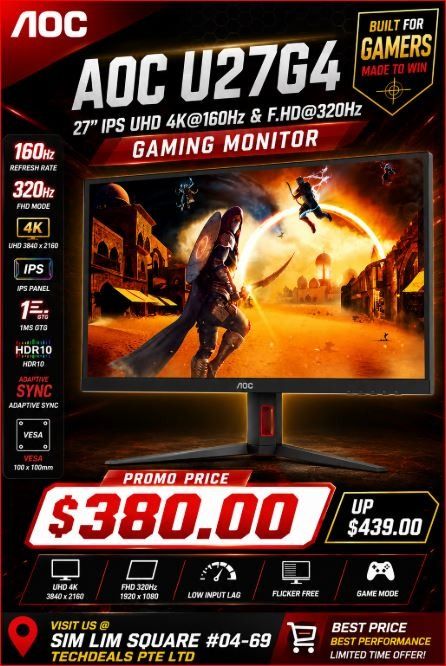 IN STOCK | AOC U27G4 27" IPS UHD 4K@160Hz & f.hd@320Hz HAS VESA , 3 YEAR WARRANTY BY AOC ON-SITE (Category: Monitor Screens) located in Singapore. Submitted by techdealssg (Listing ID 1457562835, Image 1). Description: Please Chat on Carousell to check stocks Availability And Quote Respective Listing at The Store To Purchase The Carousell Listed Price. ✅ STORE PICK UP AT ✅ TECHDEALS PTE LTD ✅ SIM LIM SQUARE #04-69 ✅ Singapore 188504 ✅ Brand New I