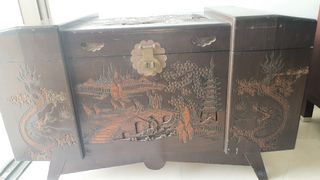 Vintage Carved Wooden Chest Trunk with Dragon and Pagoda Design