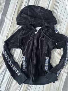 2000s Gyaru style Rady Black Velour Zip Up Hoodie with Rhinestone Embellishments