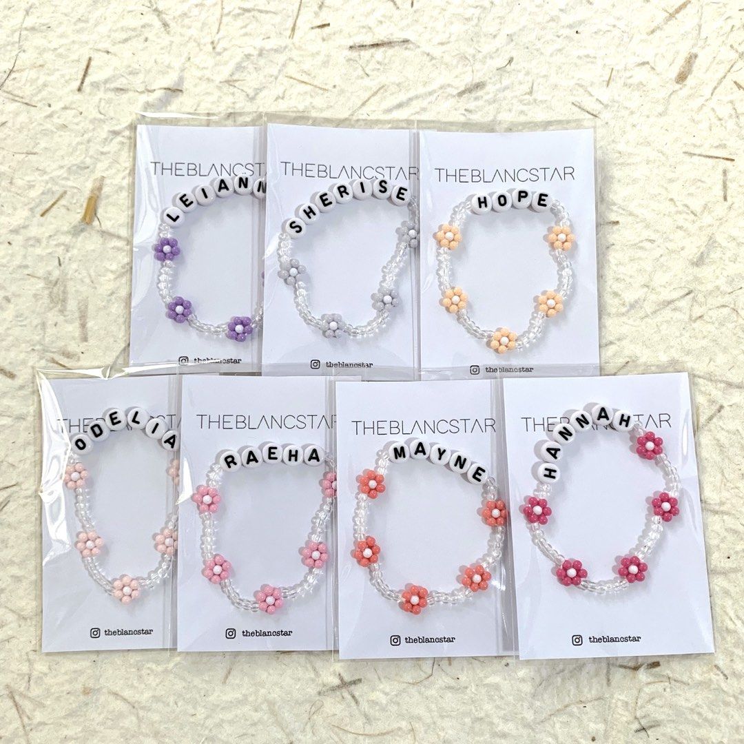 (24 colours) Handmade daisy flower with customised personalized name elastic bracelet friendship band｜ Graduation gift | birthday | k2 graduation | events | party | present | celebration | kpop concert | y2k | farewell gift | teacher’s day present (Category: Bracelets) located in Singapore. Submitted by theblancstar-acc (Listing ID 1457735773, Image 2). Description: Avail in 1) 13.5-14cm 2) 14.5-15cm 3) 15.5-16cm 4) 16.5-17cm 5) 17.5-18cm All ela