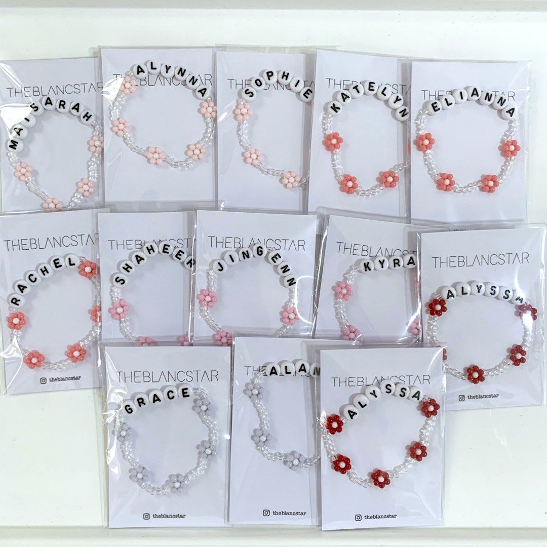 (24 colours) Handmade daisy flower with customised personalized name elastic bracelet friendship band｜ Graduation gift | birthday | k2 graduation | events | party | present | celebration | kpop concert | y2k | farewell gift | teacher’s day present (Category: Bracelets) located in Singapore. Submitted by theblancstar-acc (Listing ID 1457735773, Image 1). Description: Avail in 1) 13.5-14cm 2) 14.5-15cm 3) 15.5-16cm 4) 16.5-17cm 5) 17.5-18cm All ela