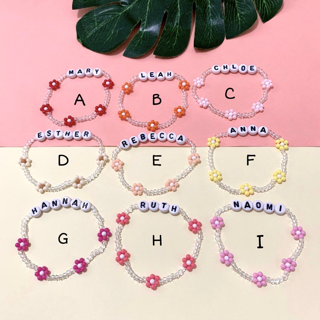 (24 colours) Handmade daisy flower with customised personalized name elastic bracelet friendship band｜ Graduation gift | birthday | k2 graduation | events | party | present | celebration | kpop concert | y2k | farewell gift | teacher’s day present (Category: Bracelets) located in Singapore. Submitted by theblancstar-acc (Listing ID 1457735773, Image 3). Description: Avail in 1) 13.5-14cm 2) 14.5-15cm 3) 15.5-16cm 4) 16.5-17cm 5) 17.5-18cm All ela