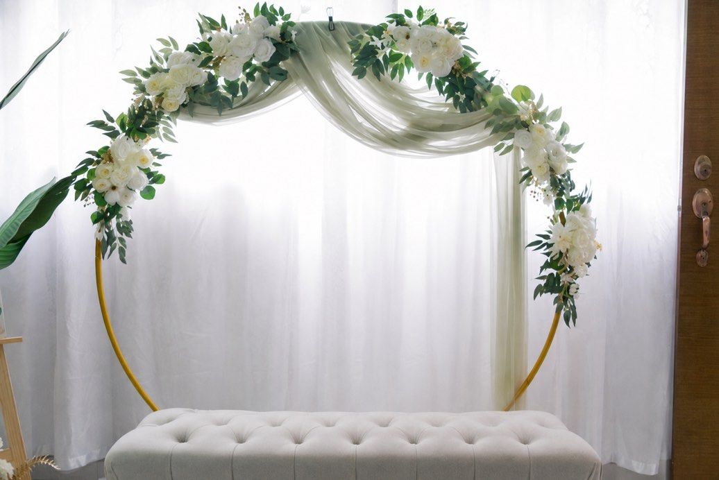 Rental Decor|1.6M Gold Round Arch |Faux Flowers|Sage Curtain Drape|Fairy lights|White Fluffy Carpet|Candles (Category: Occasions & Party Supplies) located in Singapore. Submitted by _mirdee (Listing ID 1457772904, Image 2). Description: Create an elegant and simple DIY setup with our 1.6m Gold Round Arch in the most affordable way! 🌿✨ 1 day rental - $13 2 to 3 days - $22 Elevate your decor with: Beautiful white and green arch faux flowers availa