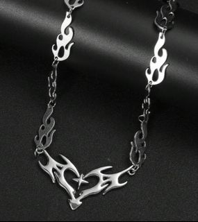 Cyberpunk Street Silver Flame Heart Necklace with Chain