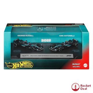 Hot Wheels Premium Formula 1 Toy Cars, 2 1:64 Scale Mercedes-AMG Petronas Formula One Team Racecars of George Russell & Kimi Antonelli