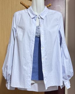 Size S: Beautiful unique design Blue shirt with puff long sleeve tops  (H&M), camisole 