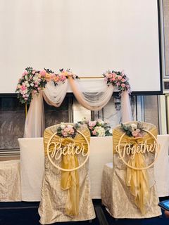Wedding Decorations - Arch, Chair Signs, Floral Arrangements