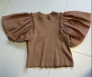 Brown Ribbed Top with Puffy Lantern Sleeves