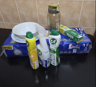 Premium 12 toilet rolls, Cif Cream Cleaner, Cif Lemon Spray, Darlie Toothpaste, Water Bottle, Plates & Bowls