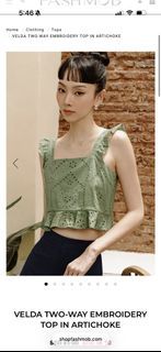 FASHMOB VELDA TWO-WAY EMBROIDERY TOP IN ARTICHOKE