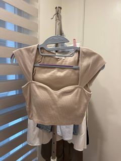 FREE MAIL: Lovet Ribbed Square Neck Crop Top Beige