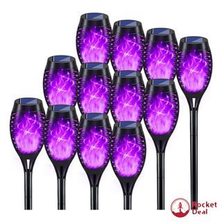 KYEKIO Halloween Decorations Outdoor, 12Pack Purple Solar Halloween Lights, Solar Torch Lights with Flickering Flame for Garden Decor, Waterproof Outdoor Lighting, Scary Torches for Yard Lawn Pathway