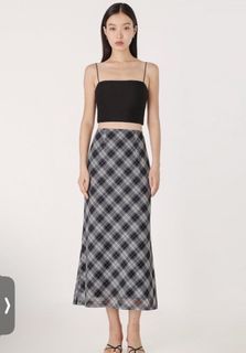 LOVET ALVA MESH PLAID BIAS MIDI SKIRT IN BLUE