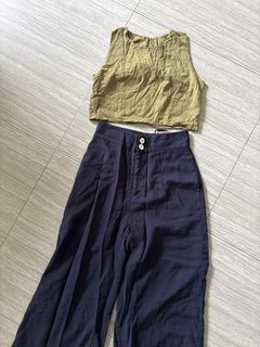 Olive Green Crop Top and Navy Blue Wide Leg Pants Set