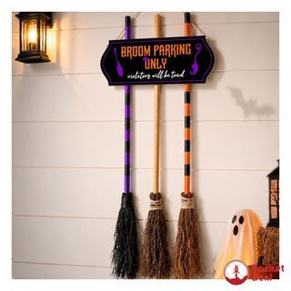 Porch Halloween Decorations - Halloween Broom Parking Sign with 3 Wooden Witches Brooms Decor - Witches Decoration Sign for Home Indoor Outdoor Front Porch Wall Office