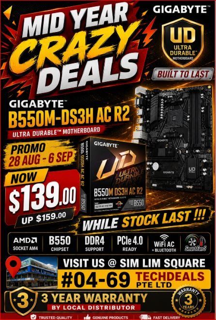PROMO 28 AUG - 6 SEP !!! | Gigabyte B550M DS3H AC AMD Socket AM4 M-ATX Motherboard (Category: Computer Parts) located in Singapore. Submitted by techdealssg (Listing ID 1116887396, Image 1). Description: Please Chat on Carousell to check stocks Availability And Quote Respective Listing at The Store To Purchase The Carousell Listed Price. ✅ STORE PICK UP AT ✅ TECHDEALS PTE LTD ✅ SIM LIM SQUARE #04-69 ✅ Singapore 188504 ✅ Brand New In Box ✅ GST/Tax