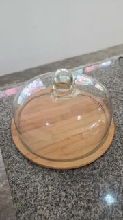 Round Bamboo Cake Stand with Clear Glass Dome Cover