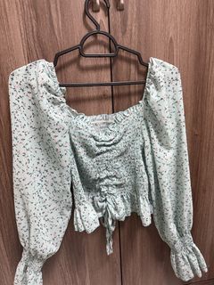 Turquoise Floral Smocked Square Neck Top
