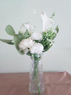 White Artificial Flowers in Glass Vases & Candles / Candlesticks ( Wedding Decoration / Event Decoration)