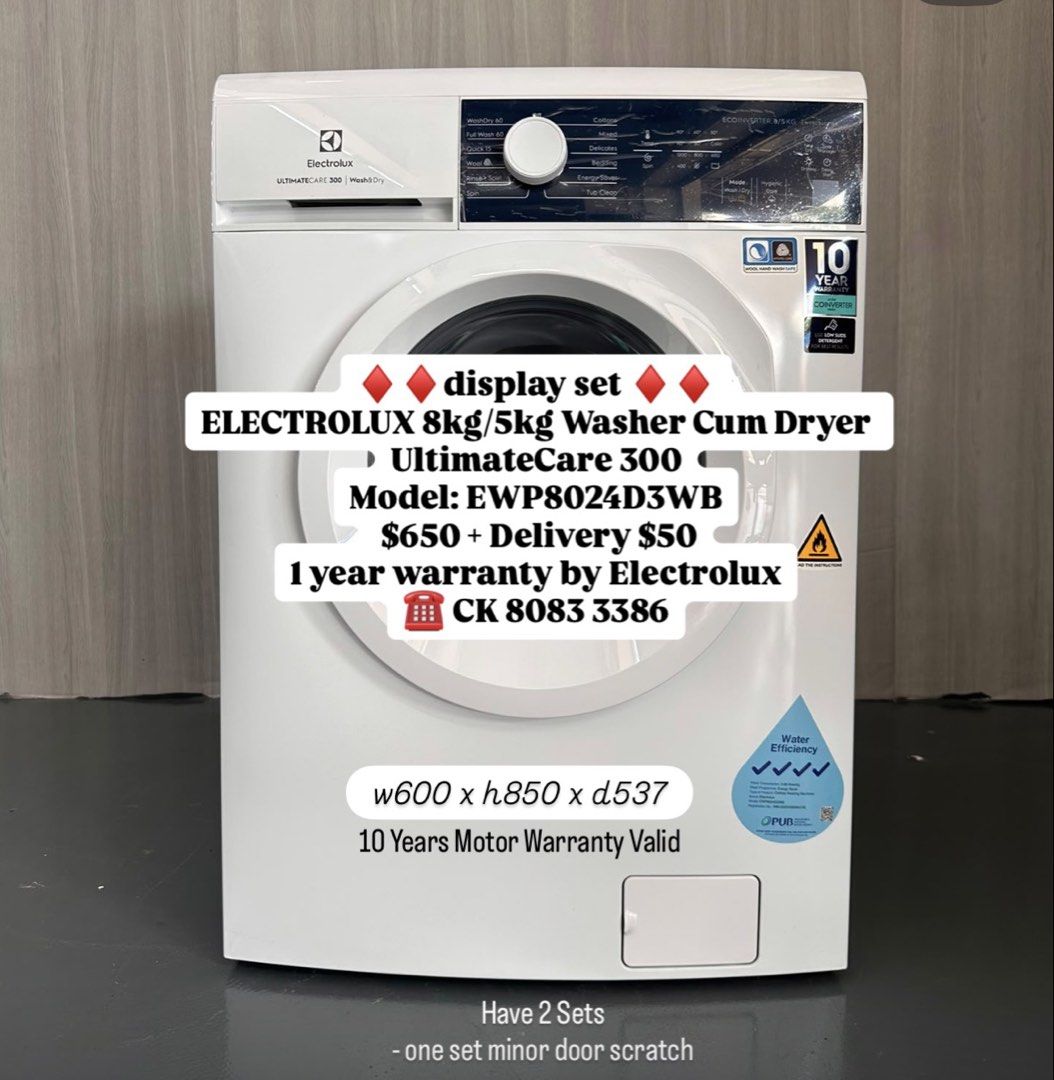 ♦️♦️ ELECTROLUX 8kg/5kg Washer Cum Dryer UltimateCare 300 Model: EWP8024D3WB | Display set sale 2 in 1 White washing machine with direct manufacturer warranty ☎️ CK 8083 3386 (Category: Washing Machines and Dryers) located in Singapore. Submitted by dazzlemoments (Listing ID 1458300775, Image 1). Description: ♦️♦️display set ♦️♦️ ELECTROLUX 8kg/5kg Washer Cum Dryer UltimateCare 300 Model: EWP8024D3WB $650 + Delivery $50 1 year warranty by Electro