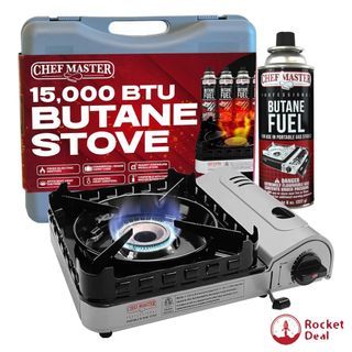 Chef Master 15,000 BTU Output Portable Butane Camping Stove, Double Wind-Guard Portable Stove Burner, Piezo Click Ignition for Emergencies, Tailgating, Hiking, Backpacking & Camping Essentials - 90019