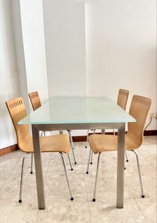 Frosted Tempered Glass Dining Table with Stainless Steel Frame + 6 Wooden Chairs