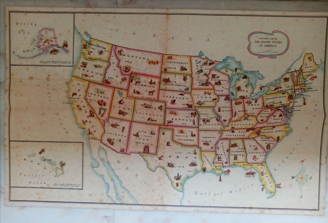 USA map (Category: Vintage Collectibles) located in Singapore. Submitted by 2363644764 (Listing ID 1458374197, Image 1). Description: Vintage pictorial map of the United States of America. Each state is illustrated with unique icons and symbols. Self-collect at tampines east CC. .