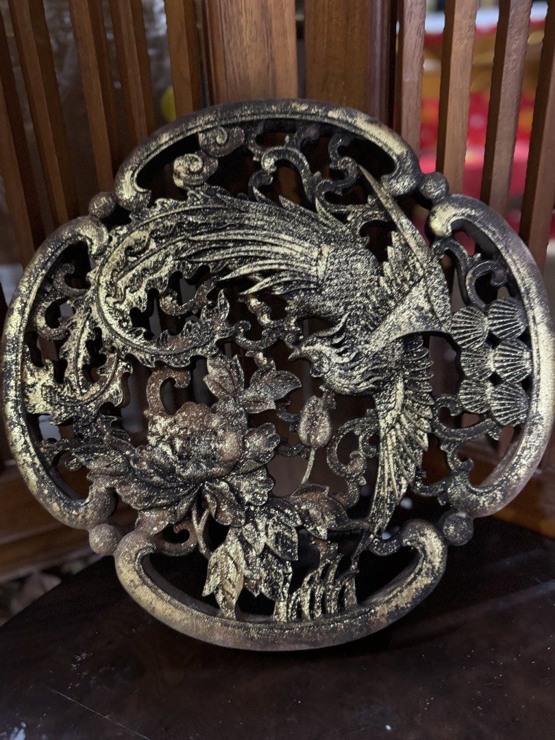 Vintage Peranakan-Style Sandalwood Phoenix & Peony Carving Panel (Category: Wall Decor) located in Singapore. Submitted by achinesehut (Listing ID 1458367868, Image 3). Description: Vintage Peranakan-style sandalwood (檀香木) pierced carving panel, featuring an intricate phoenix and peony motif with scrolling foliage and an aged black-and-gold finish. Beautiful traditional craftsmanship with natural signs of age and wear, ideal for Peranakan décor, 