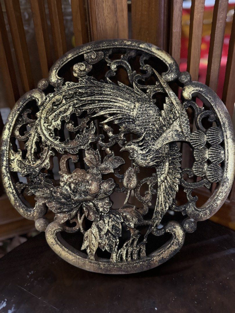 Vintage Peranakan-Style Sandalwood Phoenix & Peony Carving Panel (Category: Wall Decor) located in Singapore. Submitted by achinesehut (Listing ID 1458367868, Image 1). Description: Vintage Peranakan-style sandalwood (檀香木) pierced carving panel, featuring an intricate phoenix and peony motif with scrolling foliage and an aged black-and-gold finish. Beautiful traditional craftsmanship with natural signs of age and wear, ideal for Peranakan décor, 