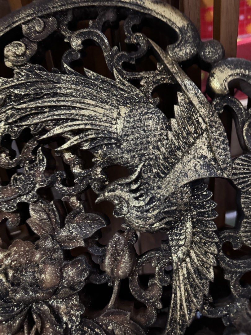 Vintage Peranakan-Style Sandalwood Phoenix & Peony Carving Panel (Category: Wall Decor) located in Singapore. Submitted by achinesehut (Listing ID 1458367868, Image 2). Description: Vintage Peranakan-style sandalwood (檀香木) pierced carving panel, featuring an intricate phoenix and peony motif with scrolling foliage and an aged black-and-gold finish. Beautiful traditional craftsmanship with natural signs of age and wear, ideal for Peranakan décor, 
