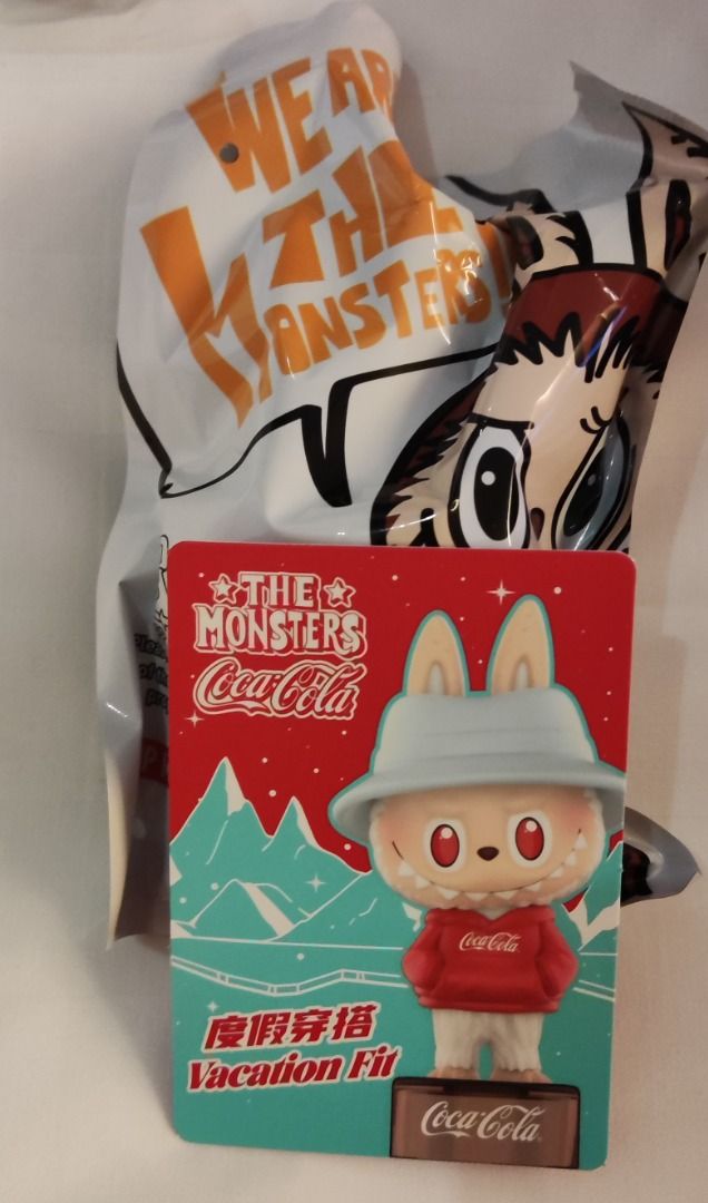 [Unopened Blind Boxes x 2] Authentic Popular Collection Labubu Coca Cola Coke Beverage - The Monsters Figurines Toy From Pop Mart Hong Kong (Vacation Fit) (Category: Designer & Blind Box Toys) located in Singapore. Submitted by kittycathy2 (Listing ID 1453537315, Image 3). Description: 1. Unopened blind box. Unable to open to check design before payment. (x2) 2. Vacation Fit - Item in sealed plastic wrapper. Opened box to check design only. Comes