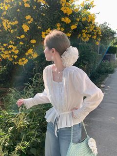 Vietnam White Lace Trim Peplum Blouse Square Neck Puff Sleeve