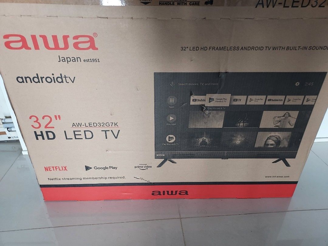Aiwa 32" HD LED Android TV. Aiwa 32" HD LED Smart Android TV. Best price. MADE IN JAPAN - Brand new Aiwa 32" HD LED Android TV - Android TV with Netflix and Google Play, YOUTUBE, Amazon Prime. Gaming. BUILT IN SOUNDBAR. Self collect or pay for delivery (Category: TV) located in Singapore. Submitted by Allinfostatedread (Listing ID 1458515262, Image 3). Description: - Aiwa 32 inch HD LED Android TV - Model: AW-LED32G7K - Smart TV with built-in And