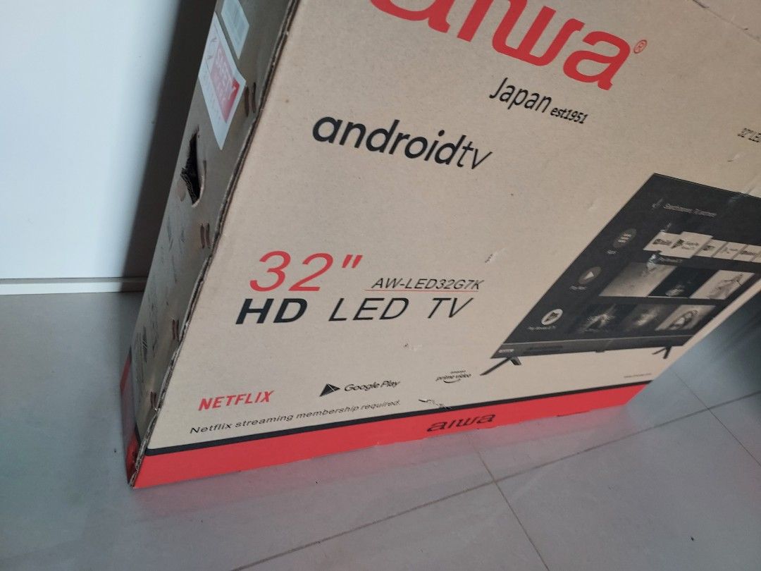 Aiwa 32" HD LED Android TV. Aiwa 32" HD LED Smart Android TV. Best price. MADE IN JAPAN - Brand new Aiwa 32" HD LED Android TV - Android TV with Netflix and Google Play, YOUTUBE, Amazon Prime. Gaming. BUILT IN SOUNDBAR. Self collect or pay for delivery (Category: TV) located in Singapore. Submitted by Allinfostatedread (Listing ID 1458515262, Image 2). Description: - Aiwa 32 inch HD LED Android TV - Model: AW-LED32G7K - Smart TV with built-in And