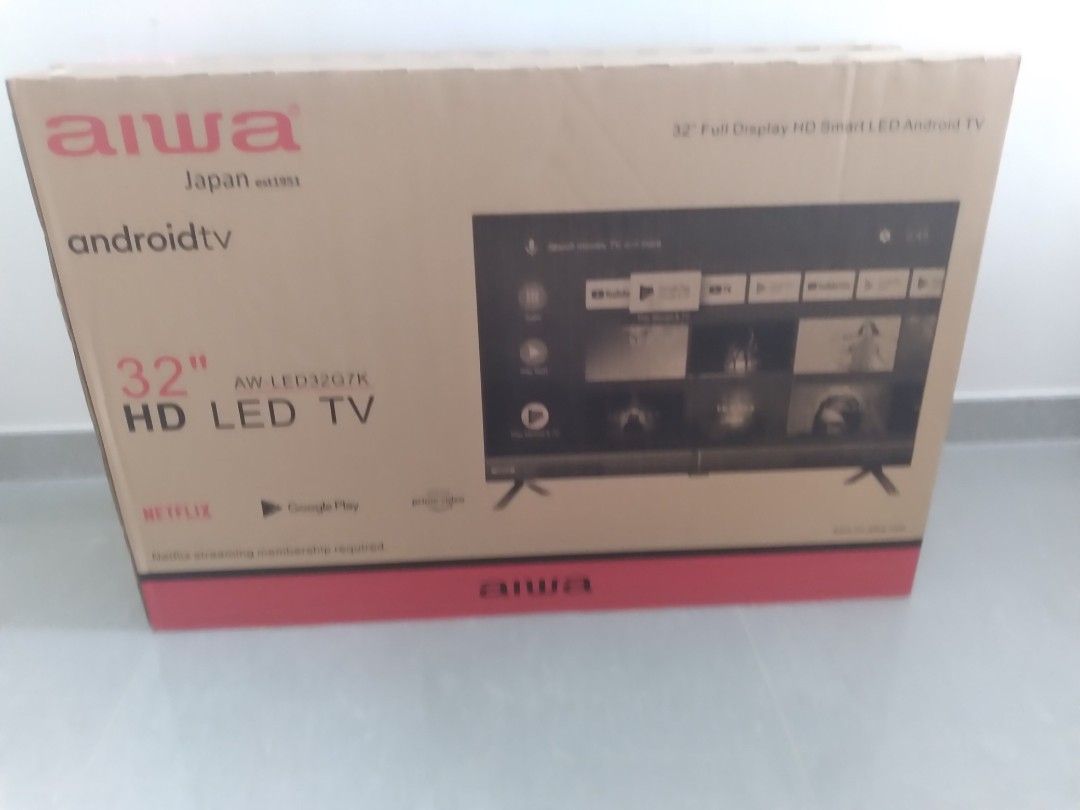 Aiwa 32" HD LED Android TV. Aiwa 32" HD LED Smart Android TV. Best price. MADE IN JAPAN - Brand new Aiwa 32" HD LED Android TV - Android TV with Netflix and Google Play, YOUTUBE, Amazon Prime. Gaming. BUILT IN SOUNDBAR. Self collect or pay for delivery (Category: TV) located in Singapore. Submitted by Allinfostatedread (Listing ID 1458515262, Image 1). Description: - Aiwa 32 inch HD LED Android TV - Model: AW-LED32G7K - Smart TV with built-in And