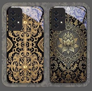 Golden Vintage Embossed Tempered Glass Phone Case for Samsung Galaxy A06 A17 A55 A54 A53 A52 A36 A14 A31 5G Floral Pattern Cover