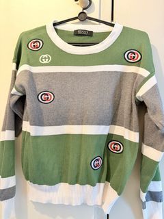 Green Grey White Striped Sweater with Patches