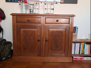 Vintage Wooden Cabinet with Carved Doors and Drawers