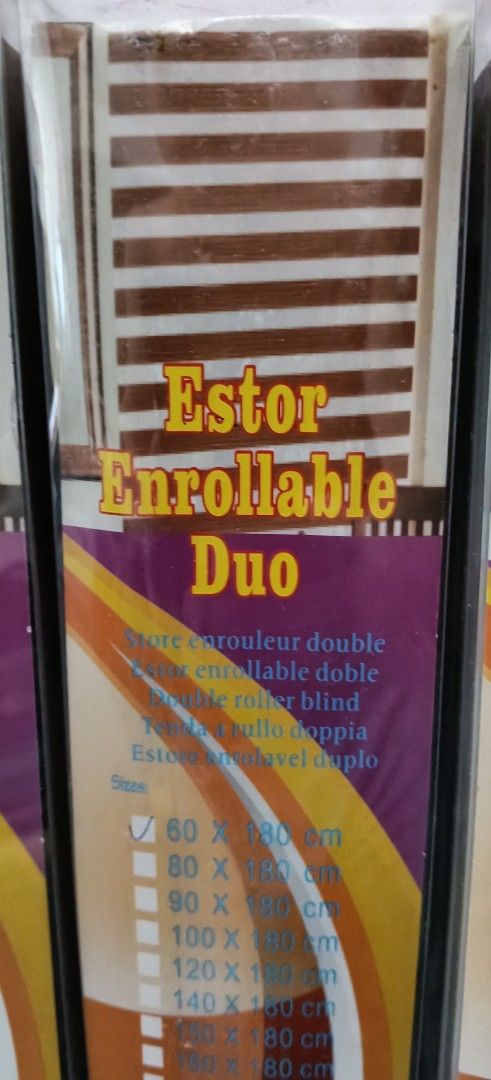 Estor Enrollable Duo Double Roller Blind (Category: Curtains & Blinds) located in Singapore. Submitted by sdconstuc (Listing ID 1458721255, Image 1). Description: - Double roller blind - Brown and white striped design - Available in multiple sizes (e.g., 60 x 180 cm) - Suitable for any room - Easy to install and operate new item .