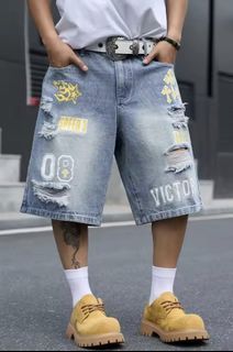 Men's Loose Fit Denim Bermuda Shorts, Vintage Letter Print Knee-Length Jeans Hip Hop Streetwear