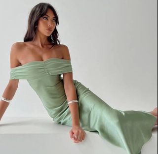 Princess Polly Sage Sadee Satin off shoulder maxi dress green