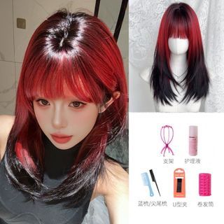Red and Black Ombre Layered Wig with Bangs